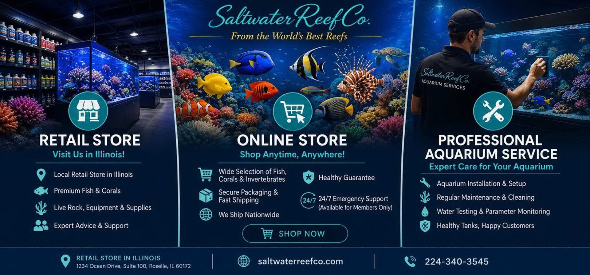 SaltwaterReefCo, aquarium installation, maintenance, IL